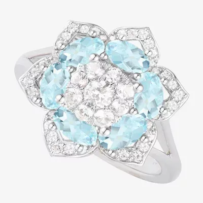 Womens Genuine Blue Aquamarine Sterling Silver Flower Cocktail Ring