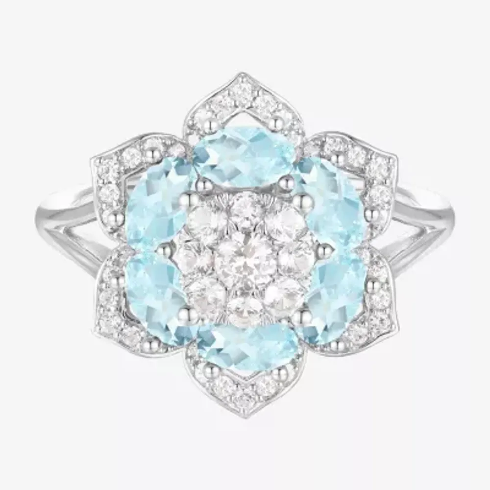 Womens Genuine Blue Aquamarine Sterling Silver Flower Cocktail Ring