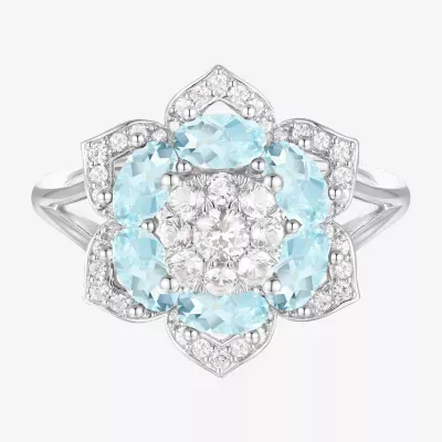 Womens Genuine Blue Aquamarine Sterling Silver Flower Cocktail Ring