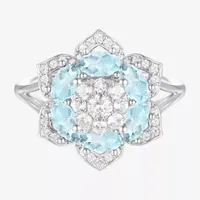 Womens Genuine Blue Aquamarine Sterling Silver Flower Cocktail Ring