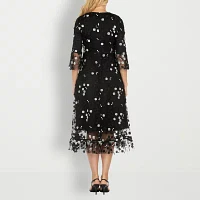 Giovanna Signature Womens 3/4 Sleeve Embroidered Floral Midi A-Line Dress Plus