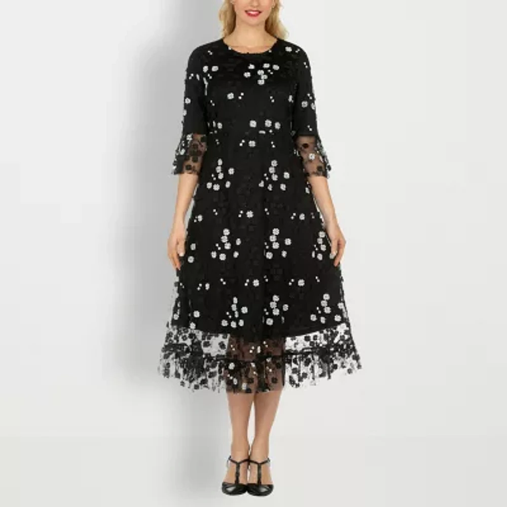 Giovanna Signature Womens 3/4 Sleeve Embroidered Floral Midi A-Line Dress Plus