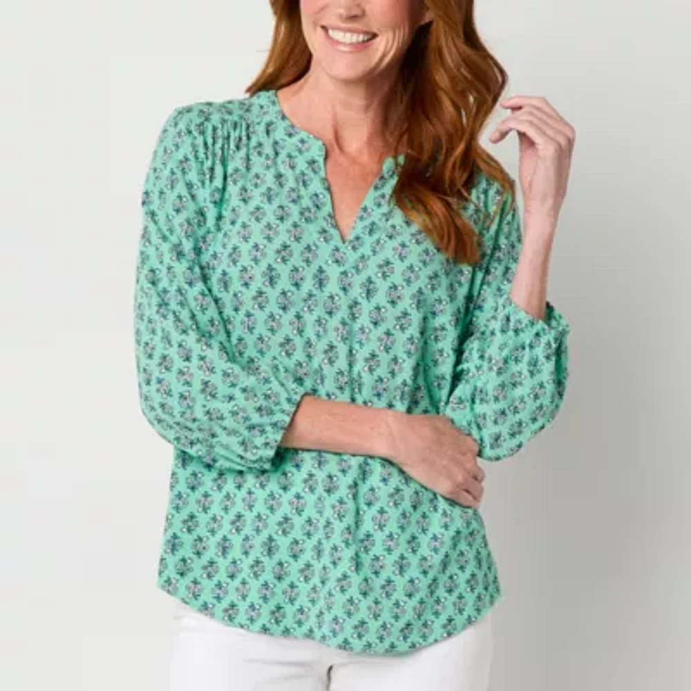 St. John's Bay Tall Womens Y Neck 3/4 Sleeve Blouse