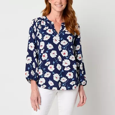 St. John's Bay Tall Womens Y Neck 3/4 Sleeve Blouse