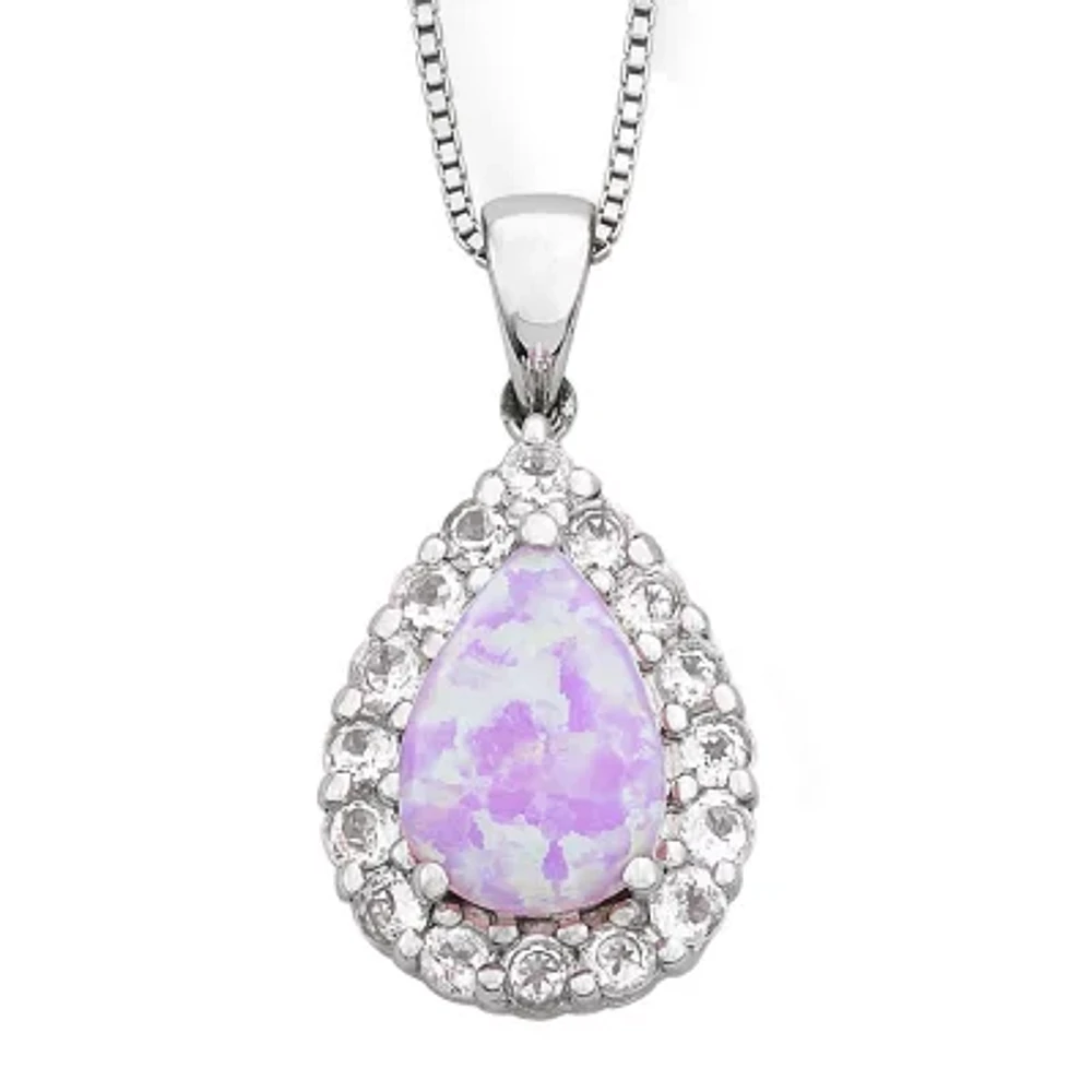 Lab-Created Pink Opal & White Sapphire Teardrop Pendant Necklace