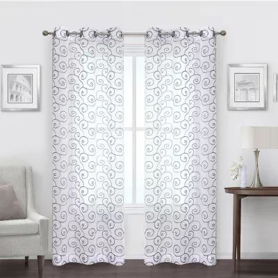 Regal Home Embroidered Swirl Sheer Grommet Top Set of 2 Curtain Panel