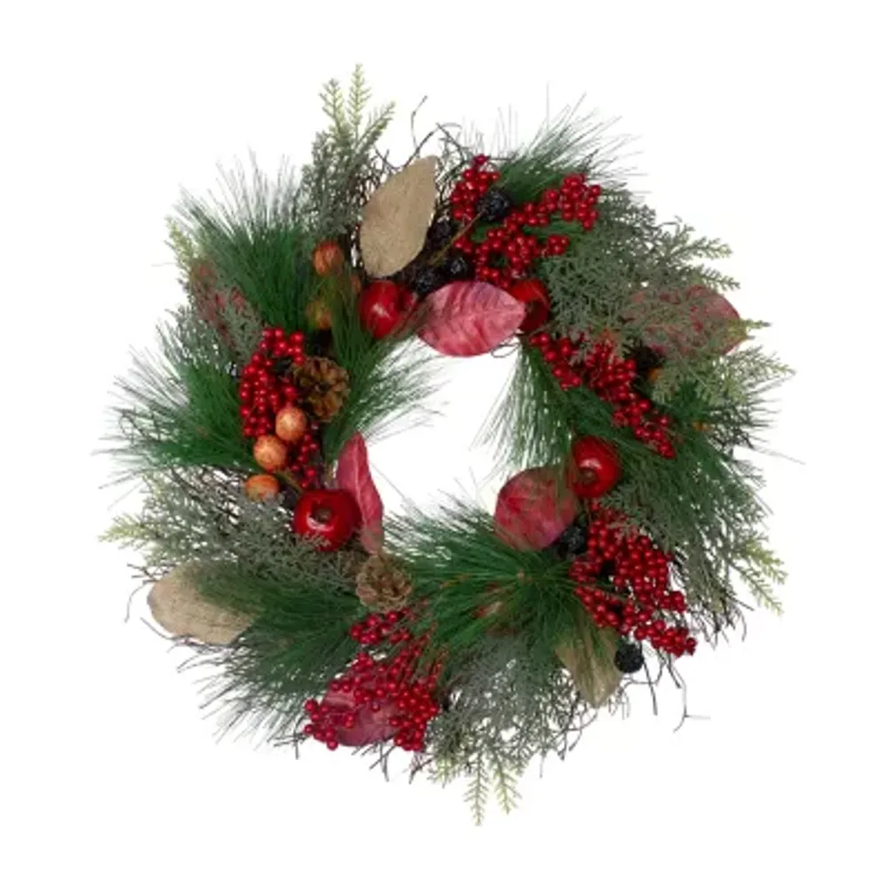 Autumn Harvest Pine  Berry and Pomegranate Wreath  24 inch  Unlit
