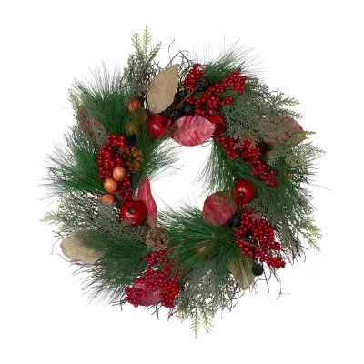 Autumn Harvest Pine  Berry and Pomegranate Wreath  24 inch  Unlit