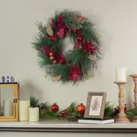 Autumn Harvest Pine  Berry and Pomegranate Wreath  24 inch  Unlit