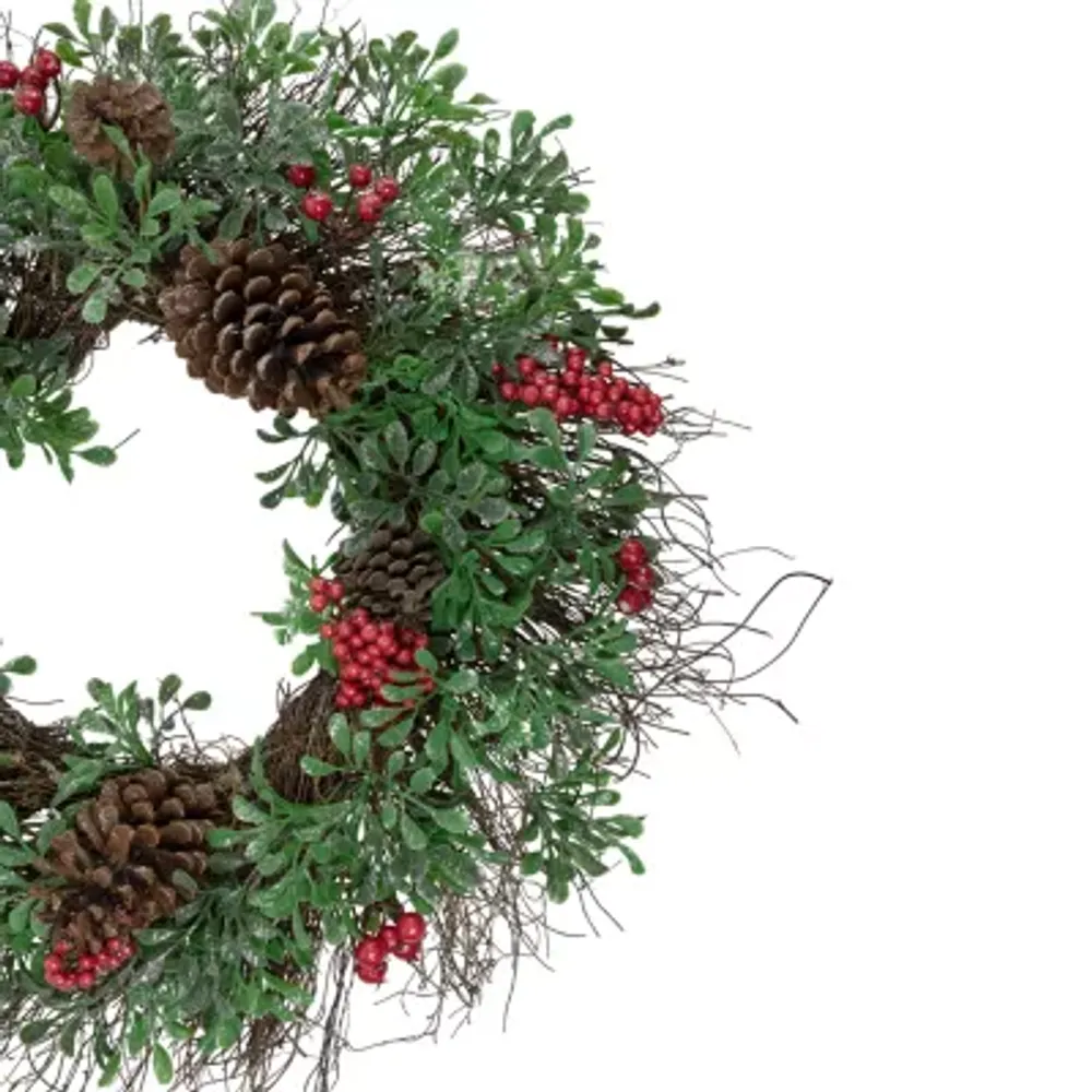 Glittered Pine Cone and Red Berry Artificial Christmas Wreath  24-Inch  Unlit