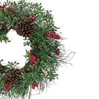 Glittered Pine Cone and Red Berry Artificial Christmas Wreath  24-Inch  Unlit