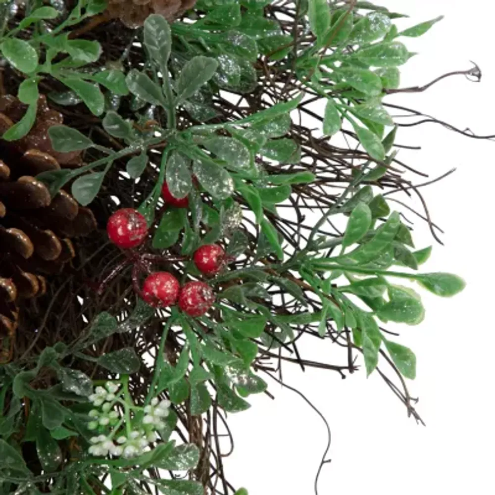 Glittered Pine Cone and Red Berry Artificial Christmas Wreath  24-Inch  Unlit