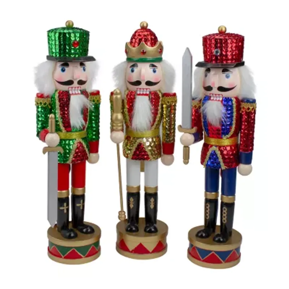 Set of 3 Red Sequin Jacket Wooden Christmas Nutcrackers 14.25"