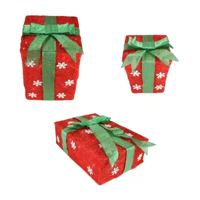 Set of 3 Lighted Red with Green Bows and Snowflakes Gift Boxes Outdoor Christmas Decorations 13"