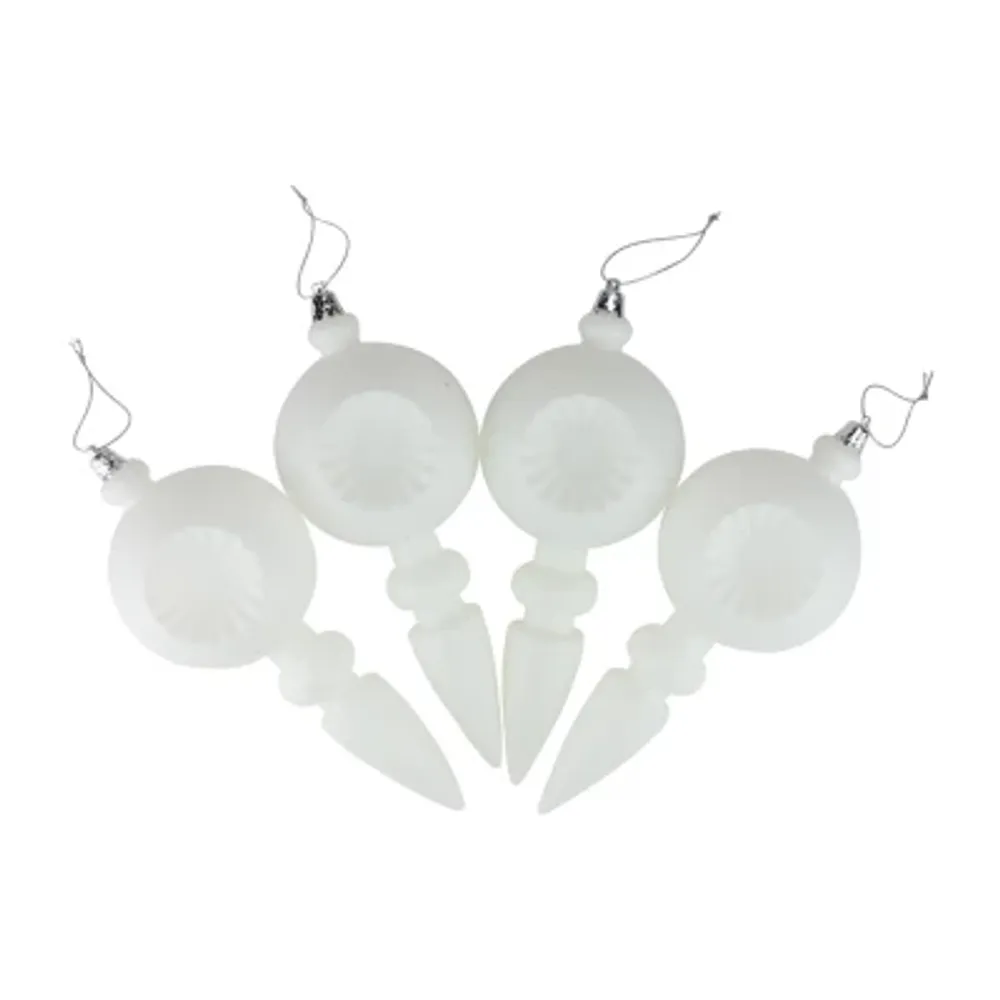 4ct White Retro Reflector Shatterproof Matte Christmas Finial Ornaments 7.5"