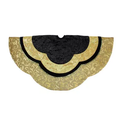 48'' Black and Gold Velveteen Floral Scallop Christmas Tree Skirt