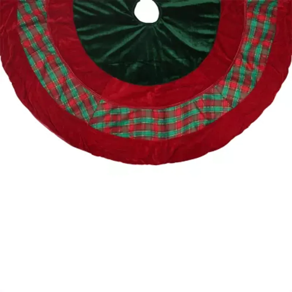 48'' Christmas Traditions Green  Red and Gold Woven Plaid and Velveteen Christmas Tree Skirt