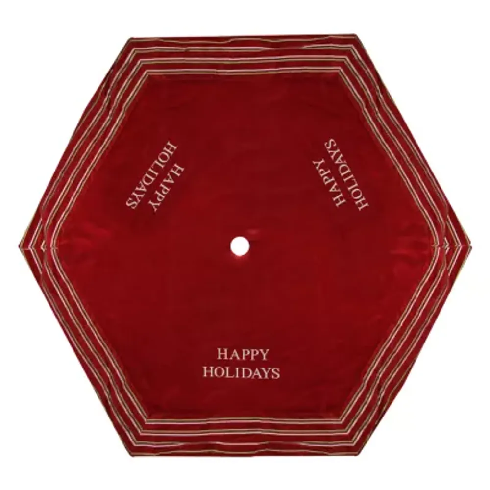 56'' Red and White 'Happy Holidays' Christmas Tree Skirt with Striped Trim