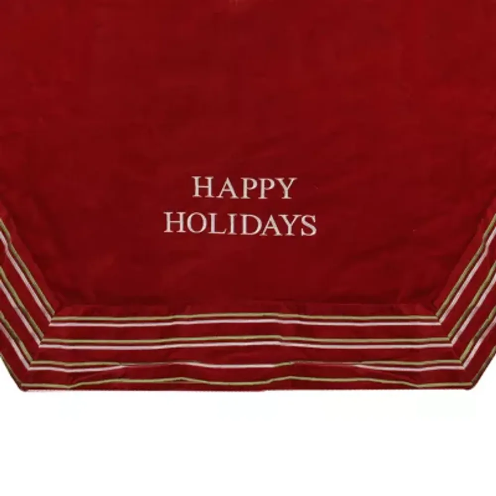 56'' Red and White 'Happy Holidays' Christmas Tree Skirt with Striped Trim