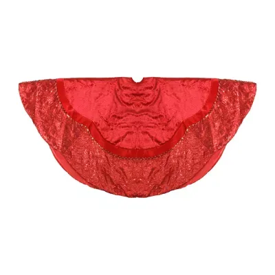 60'' Red Velvet Damask Sequin Embroidered Poinsettia Trimmed Scalloped Edge Christmas Tree Skirt