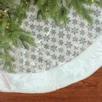 60'' White and Silver Sequin Snowflake Christmas Tree Skirt with Faux Fur Border