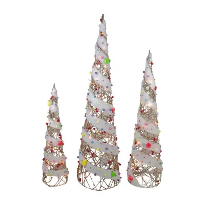 Set of 3 Lighted Champagne Gold Candy Covered Cone Tree Outdoor Christmas Decorations 39.25"