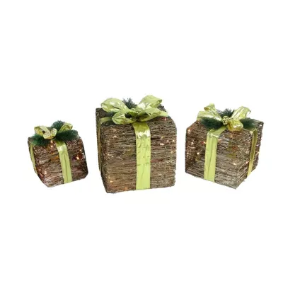 Set of 3 Brown and Green Lighted Glitter Gift Boxes Christmas Decoration 12"