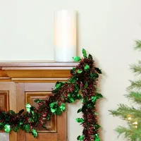 50' Shiny Red Christmas Tinsel Garland with Green Holly - Unlit