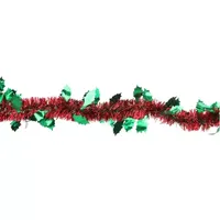 50' Shiny Red Christmas Tinsel Garland with Green Holly - Unlit