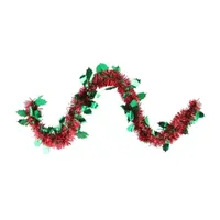 50' Shiny Red Christmas Tinsel Garland with Green Holly - Unlit