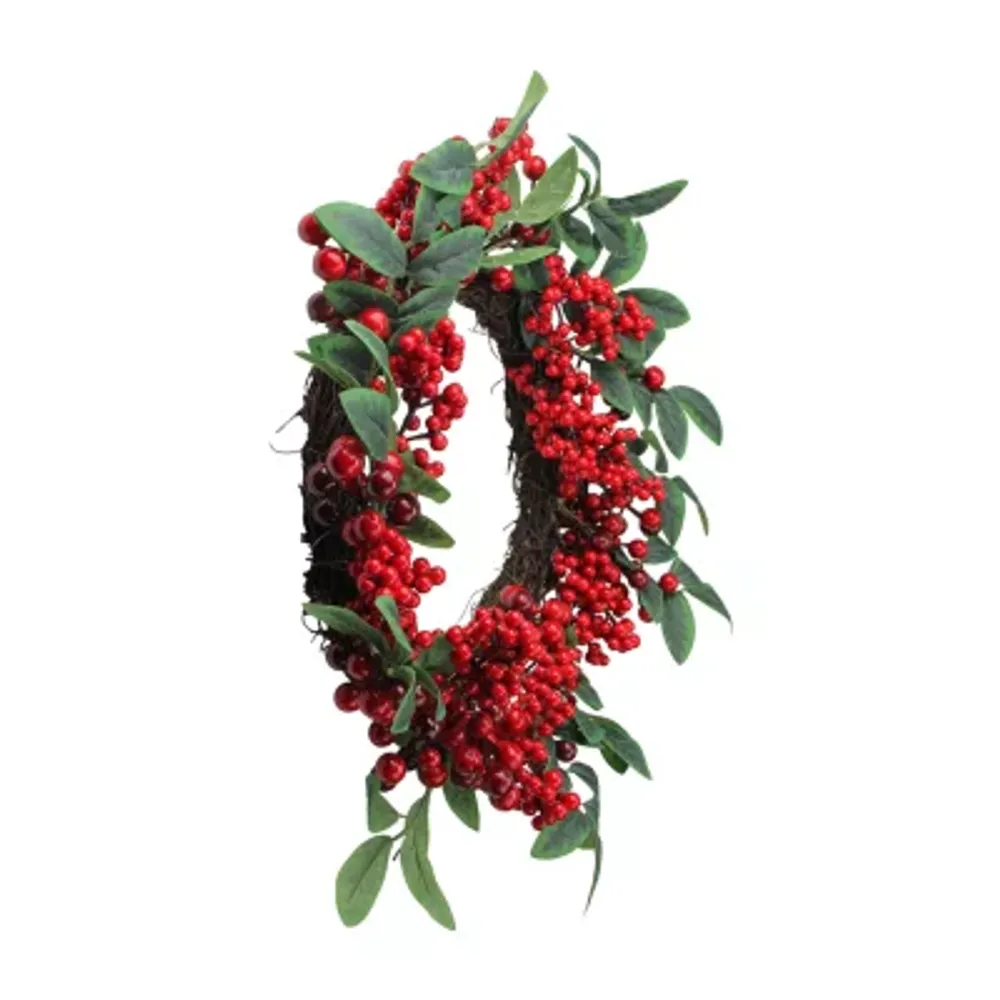 Red Berries and Two-Tone Green Leaves Artificial Christmas Wreath - 18-Inch  Unlit