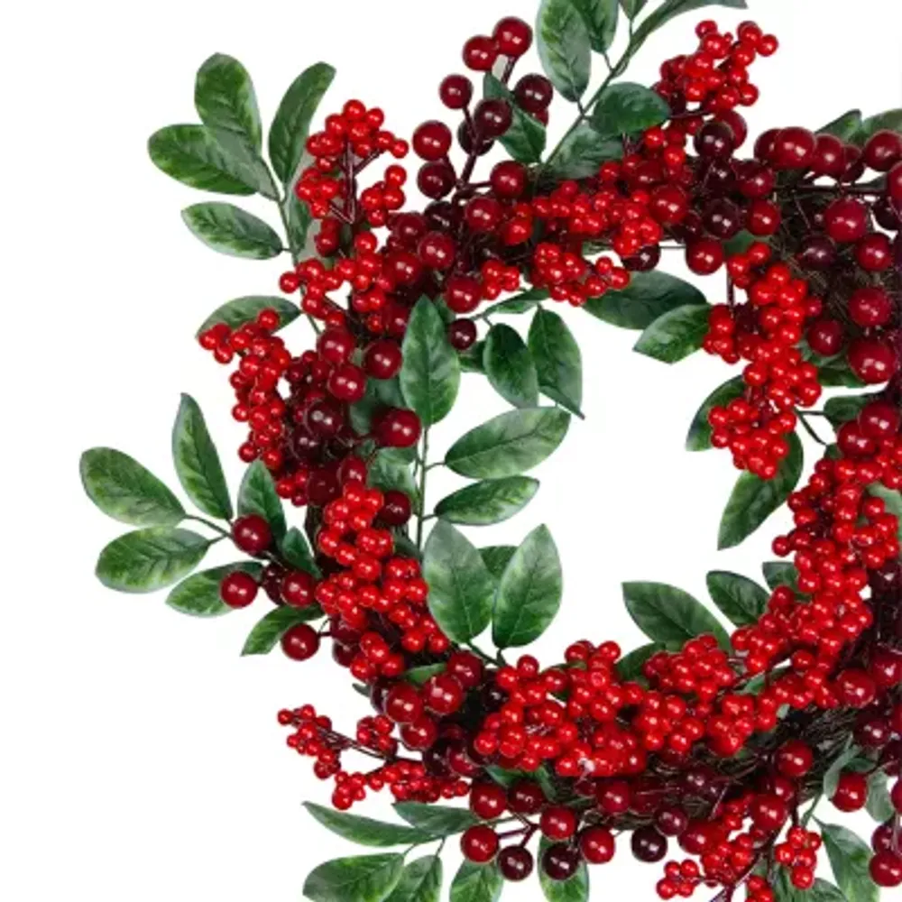 Red Berries and Two-Tone Green Leaves Artificial Christmas Wreath - 18-Inch  Unlit