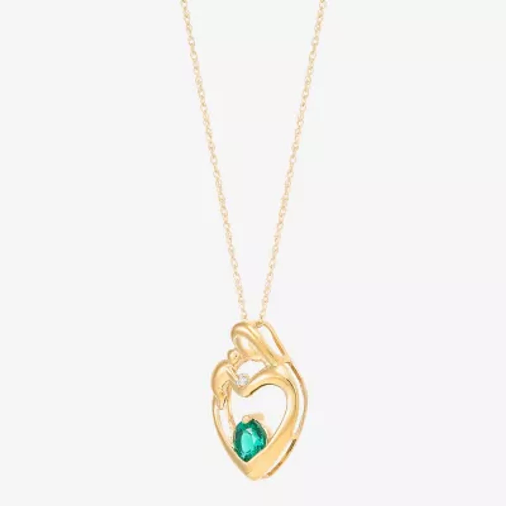Mother And Baby Womens Diamond Accent Lab Created Green Emerald 10K Gold Heart 18 Inch Pendant Necklace