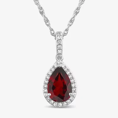 Womens Genuine Red Garnet Sterling Silver Pear Pendant Necklace