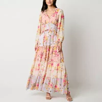 Melonie T Womens Long Sleeve Floral Maxi Dress Petite