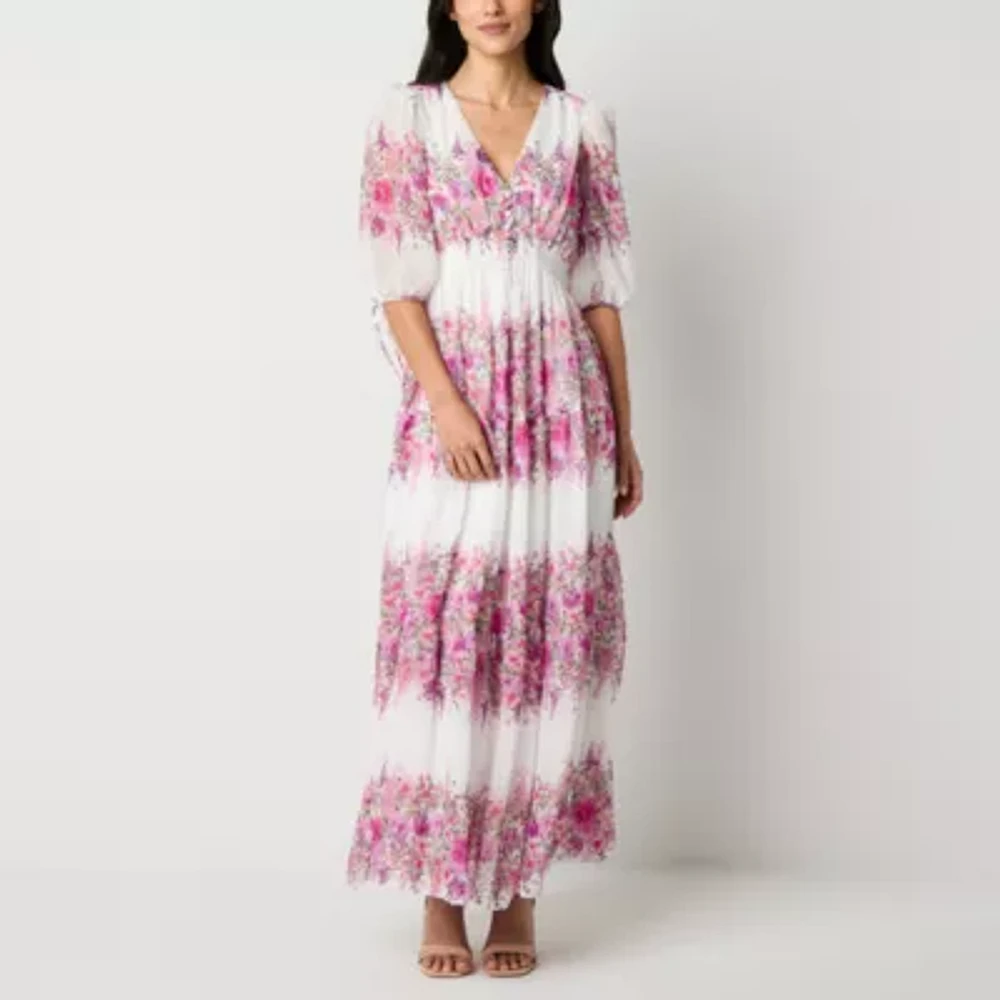 Melonie T Womens Elbow Sleeve Floral Maxi Dress Petite
