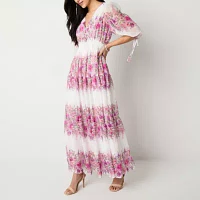 Melonie T Womens Elbow Sleeve Floral Maxi Dress Petite
