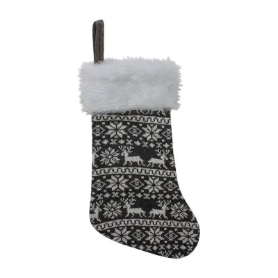 19'' Gray and White Reindeer and Snowflake Knit Christmas Stocking with Faux Fur Cuff