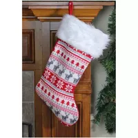 19'' Red and White Deer and Snowflake Knit Christmas Stocking with Faux Fur Cuff