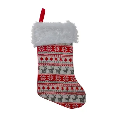 19'' Red and White Deer and Snowflake Knit Christmas Stocking with Faux Fur Cuff