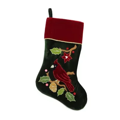 20.5'' Red and Green Cardinal Embroidered Christmas Stocking
