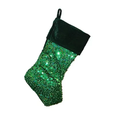 20'' Shiny Metallic Green Sequined Christmas Stocking with Velveteen Cuff