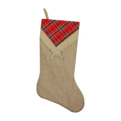 20.5'' Beige and Red Plaid V-Cuff Christmas Stocking