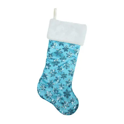 20.5'' Ice Palace Blue Sequin Snowflake Christmas Stocking with White Faux Fur Cuff