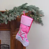 20.5'' Pink Embroidered Ice Skating Snowman and Christmas Tree Stocking