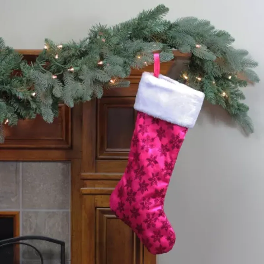 20.5'' Pink Sequin Snowflake Christmas Stocking with Faux Fur Cuff