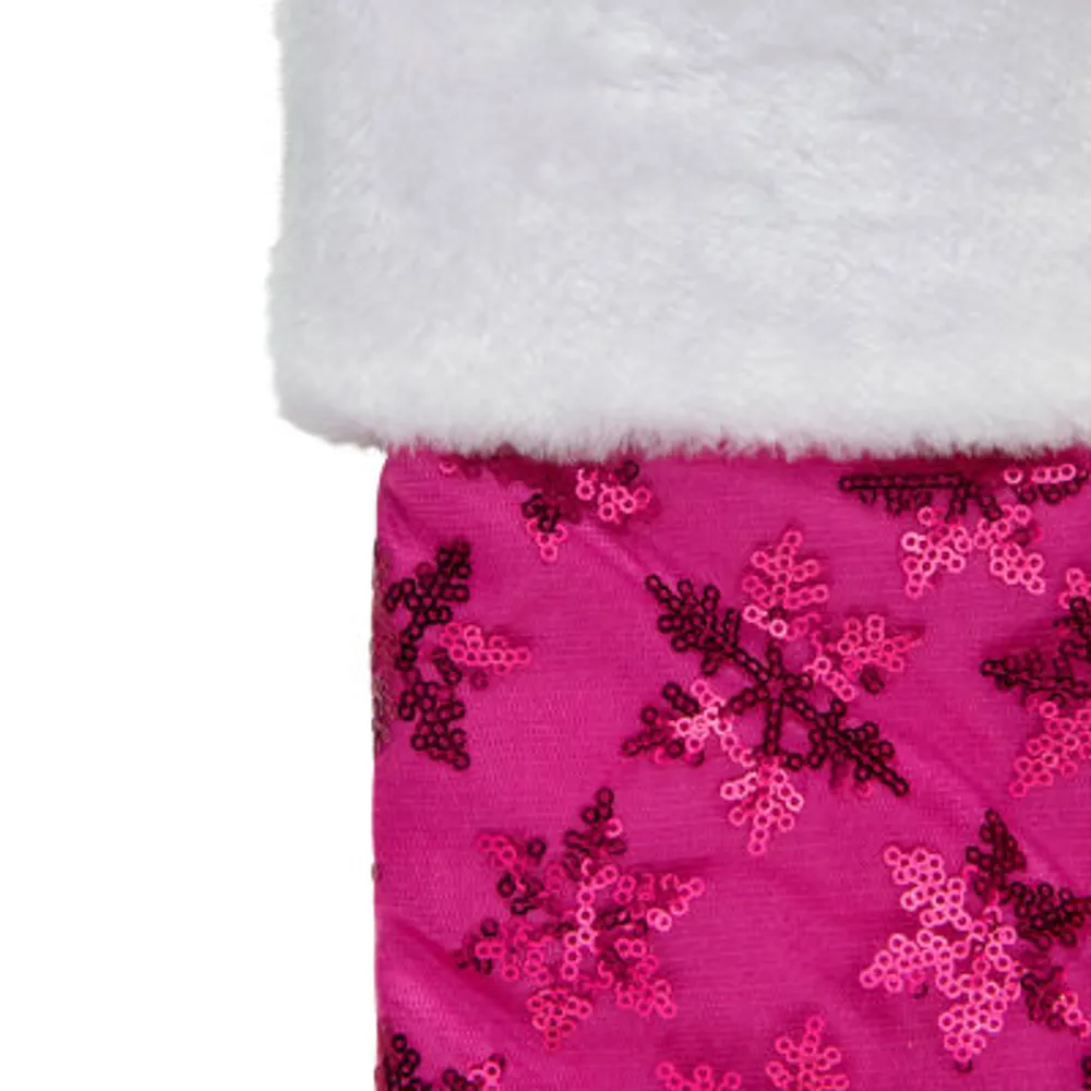 20.5'' Pink Sequin Snowflake Christmas Stocking with Faux Fur Cuff