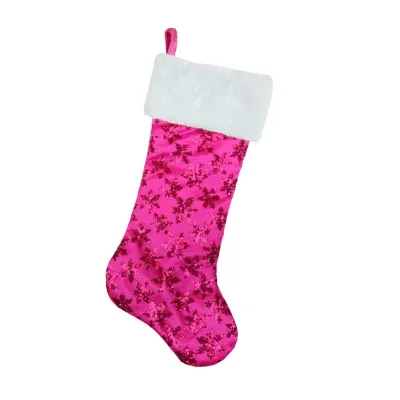 20.5'' Pink Sequin Snowflake Christmas Stocking with Faux Fur Cuff