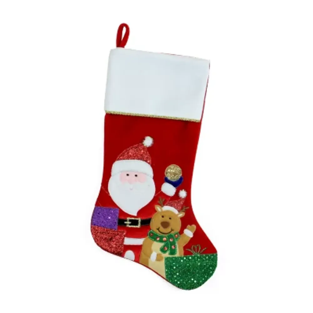 20.5'' Red and White Glittered Santa Claus and Reindeer Christmas Stocking