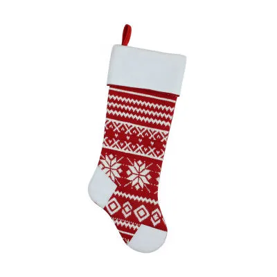 21.5'' Red and White Knitted Snowflake Christmas Stocking with Fleece Cuff